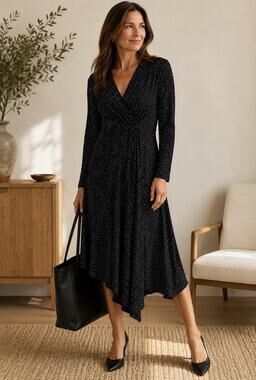 J. Jill Wearever Collection Dress L Black White Polka Dot Faux Wrap LS Stretch